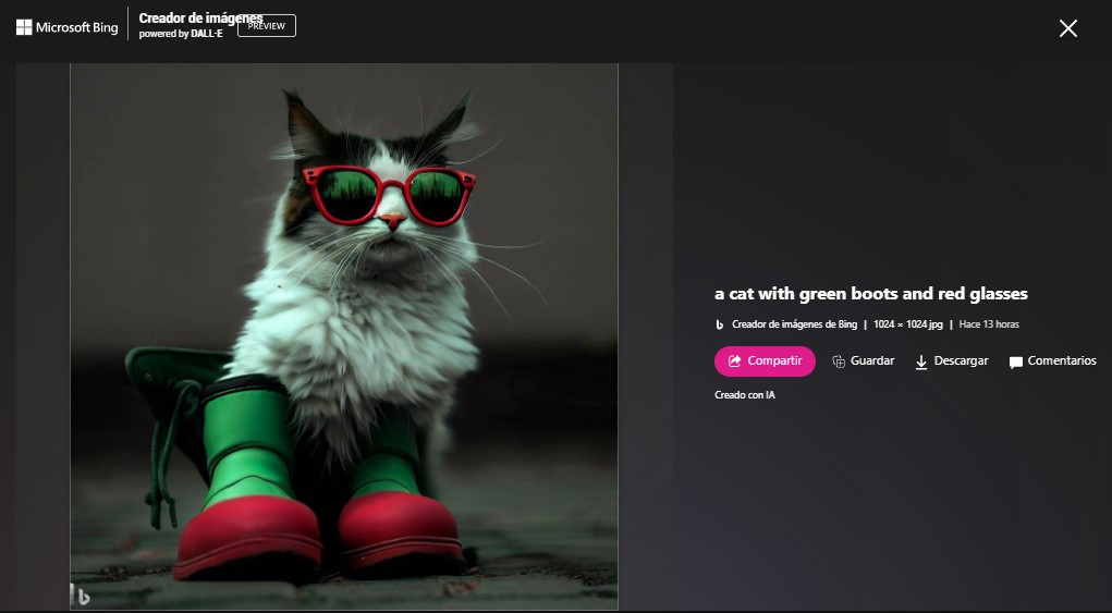 Imagen de un gato con botas verdes y lentes de sol generada por DALL-E2 por medio de la plataforma de Microsoft Create. (Infobae)