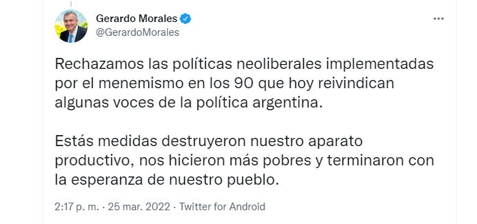 Tuit de Gerardo Morales sobre los elogios de Mauricio Macri a Carlos Menem