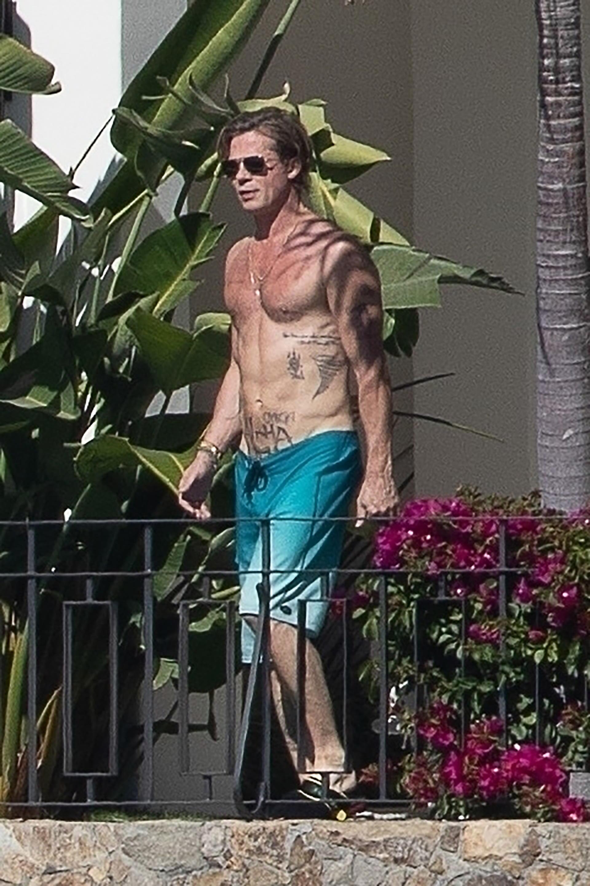 Brad Pitt showed off his many tattoos in a pair of blue bathing shorts and reading what appeared to be a script while Inés sunbathed next to him (The Grosby Group)