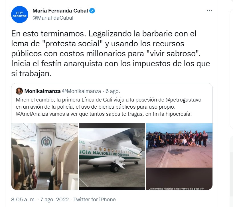 María Fernanda Cabal criticizes artists' trip on a Police plane.  Screenshot