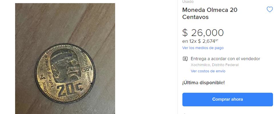 Moneda de 20 centavos Olmeca. (Foto: Mercado Libre)