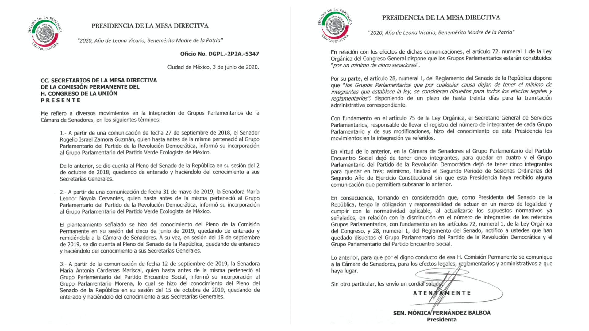 El documento enviado por Fernández detalla las razones de la desaparición de las bancadas PRD y del PES en el Senado (Foto: Especial)