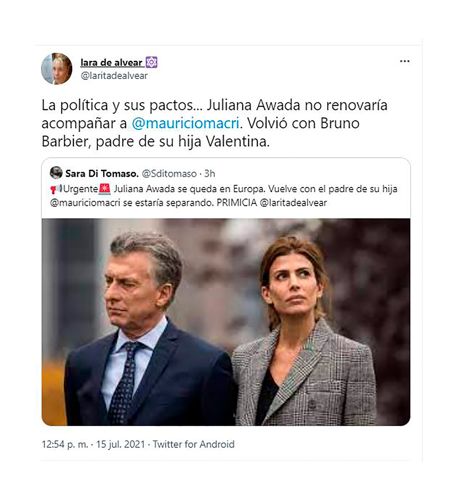 El tuit donde se aseguró que Macri y Awada estaban separados. La ex Primera Dama lo desmintió