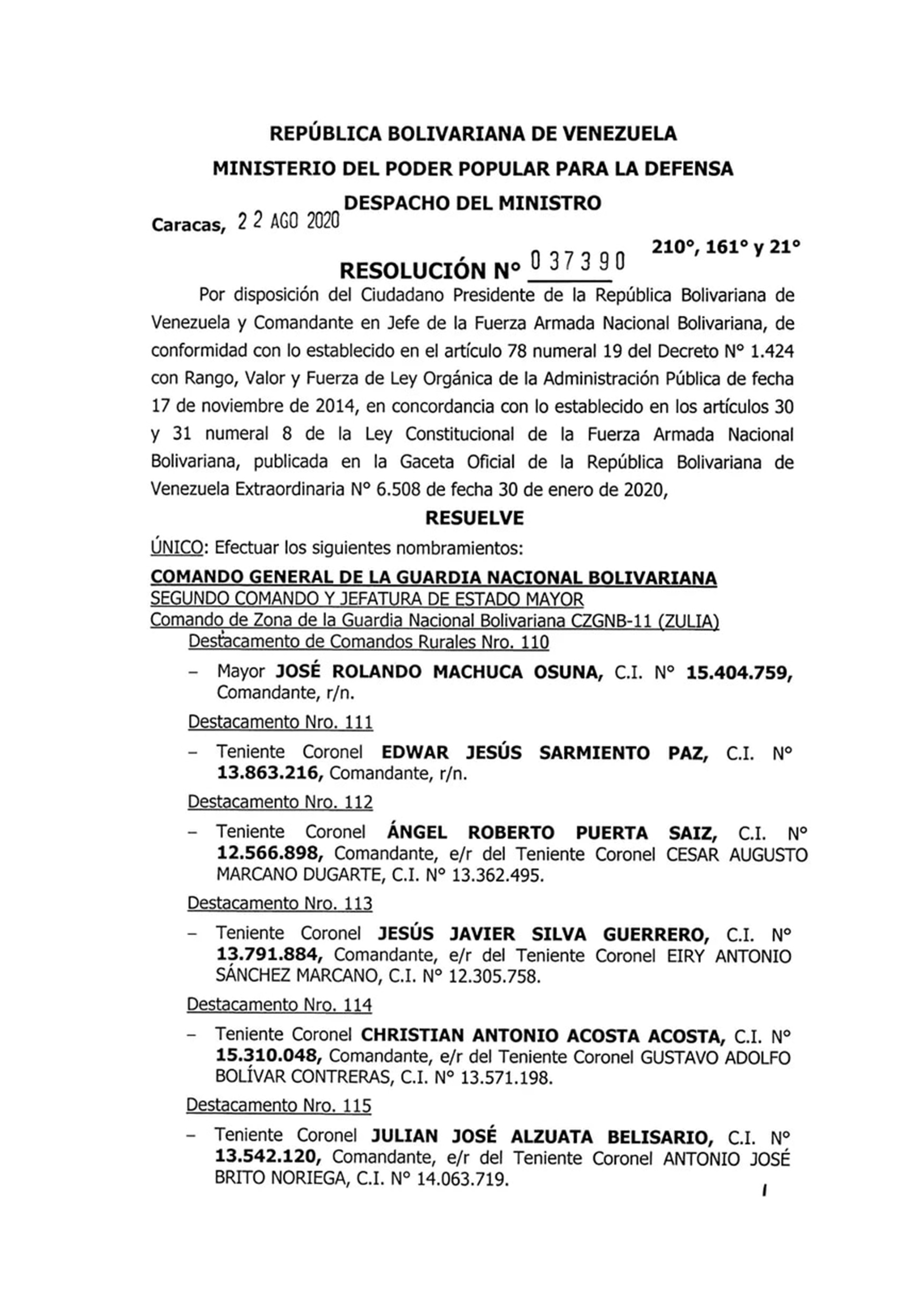 Resolución 37390 del año 2020 donde Padrino López nombra a Machuca en el Comando Rurales del Zulia
