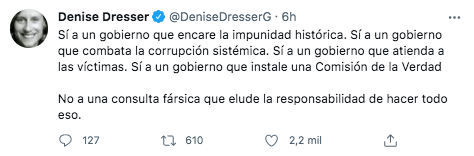 La politóloga rechazó que el gobierno “eluda” responsabilidades mediante la Consulta Popular sobre expresidentes (Foto: Twitter/@DeniseDresserG)