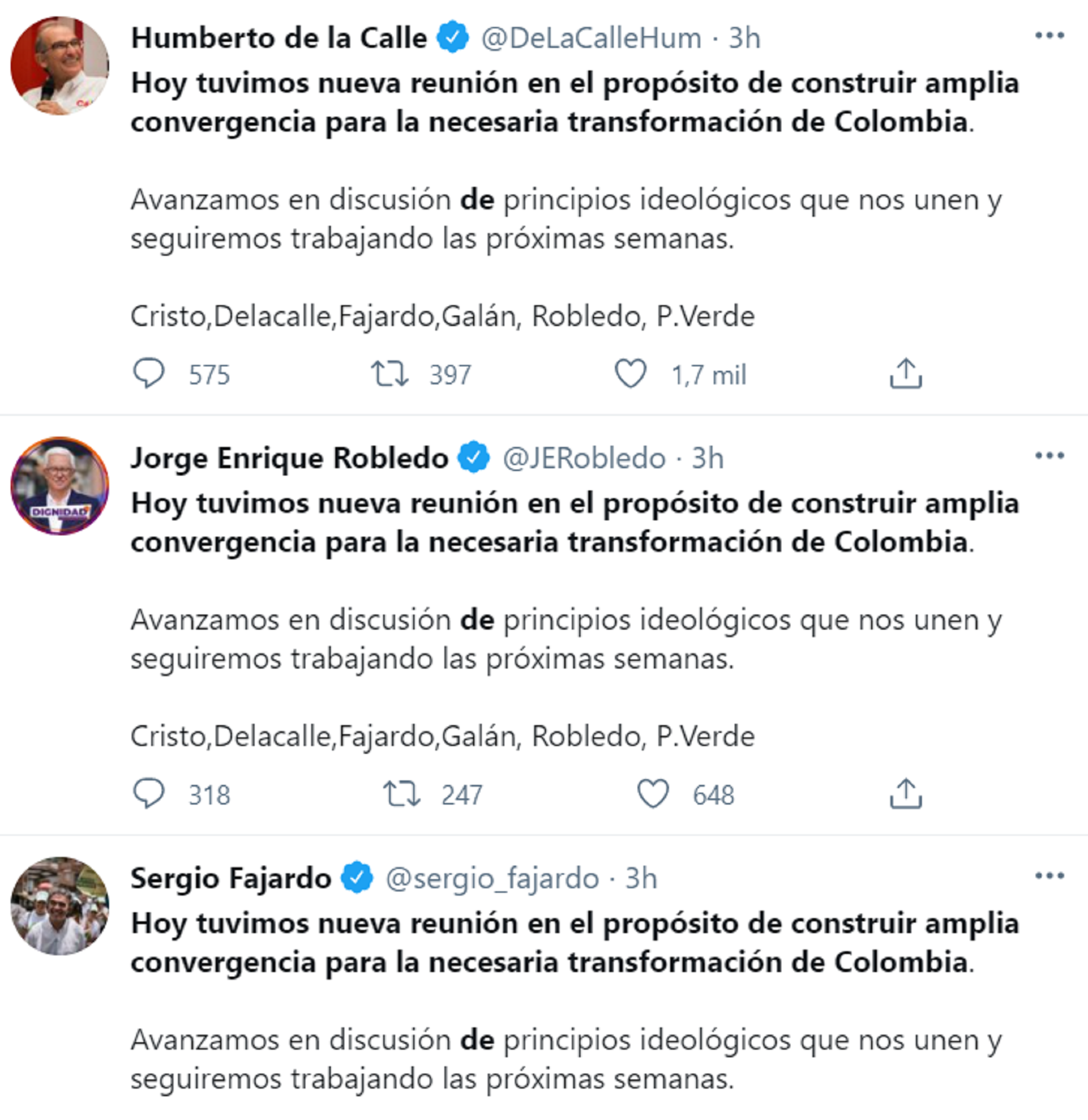 La convergencia de centro que buscaría la presidencia de Colombia. Foto: Twitter.