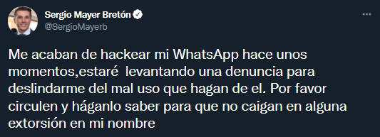 Vía Twitter, Sergio Mayer notificó de intentó de hackeo Foto: Twitter/@sergiomayer