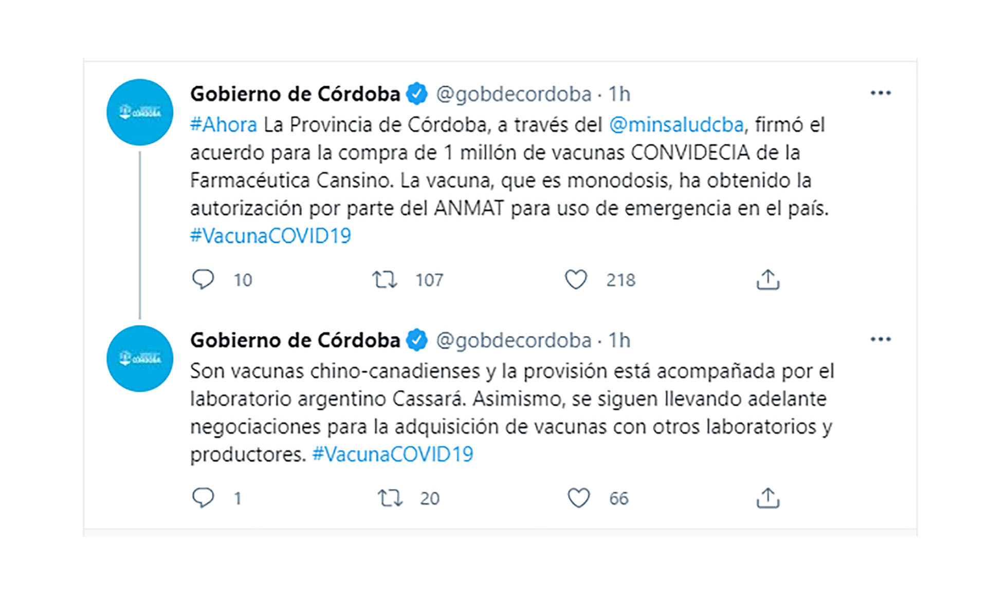 Los mensajes del gobierno de Córdoba (Twitter)