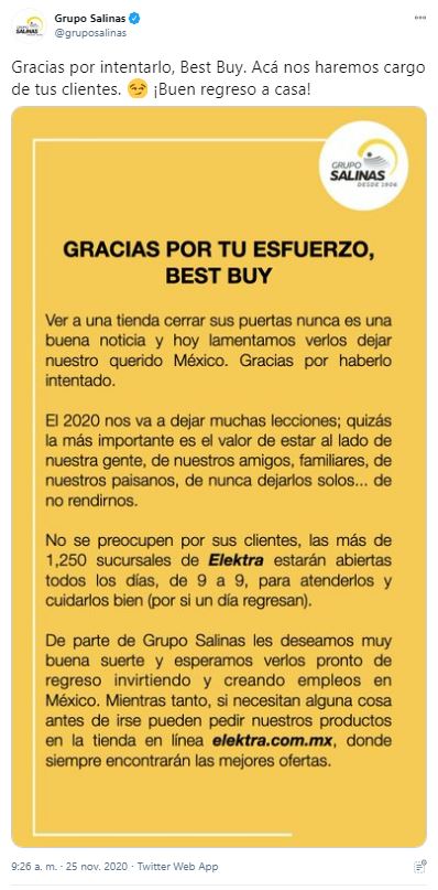 Mensaje de despedida de Grupo Salinas a Best Buy (Foto: Grupo Salinas)