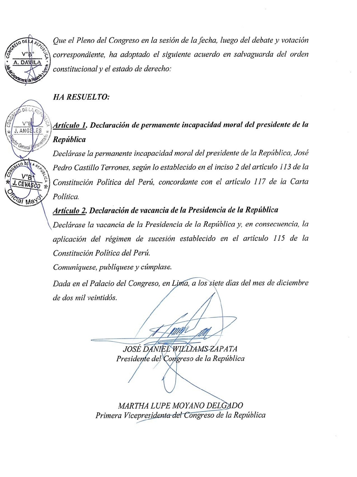 Resolución del Congreso sobre la vacancia presidencial de Pedro Castillo