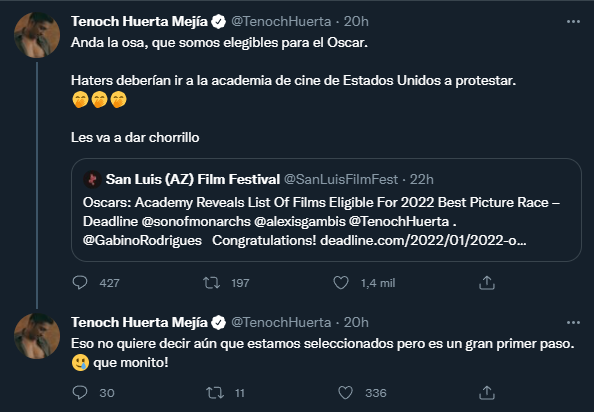 Tenoch Huerta celebra la posibilidad de estar nominado en los Oscar Foto: Twitter/@TenochHuerta