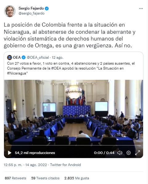 El excandidato presidencial vio con malos ojos el silencio del gobierno colombiano frente a la situación de Nicaragua.