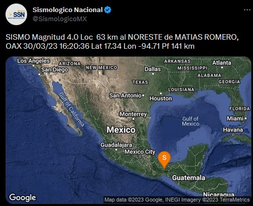 Se reportó otro sismo en Oaxaca (Twitter/@SismologicoMX)