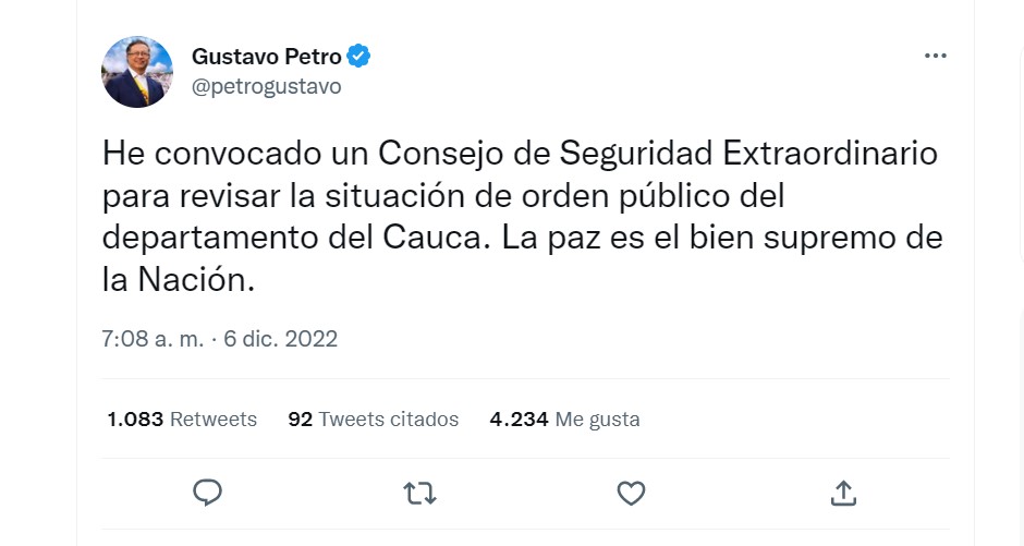 Gustavo Petro convocó a un consejo de seguridad extraordinario en el Cauca