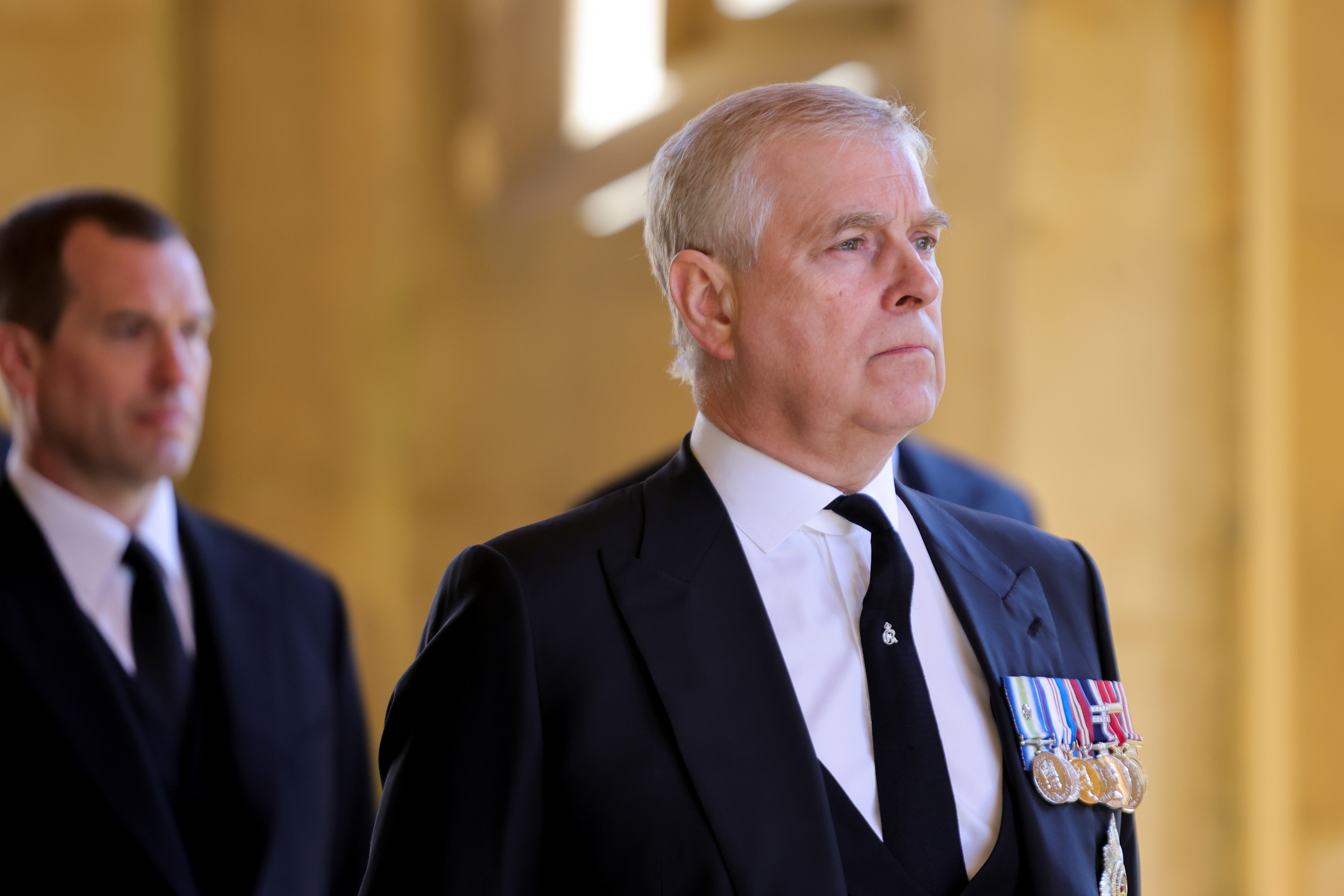 Britain's Britain's Prince Andrew, Duke of York, looks on during the funeral of Britain's Prince Philip, husband of Queen Elizabeth, who died at the age of 99, on the grounds of Windsor Castle in Windsor, Britain, April 17, 2021. Chris Jackson/Pool via REUTERS
