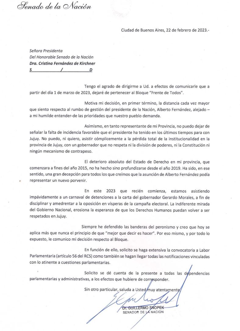 La carta flamígera de Snopek contra el presidente Alberto Fernández