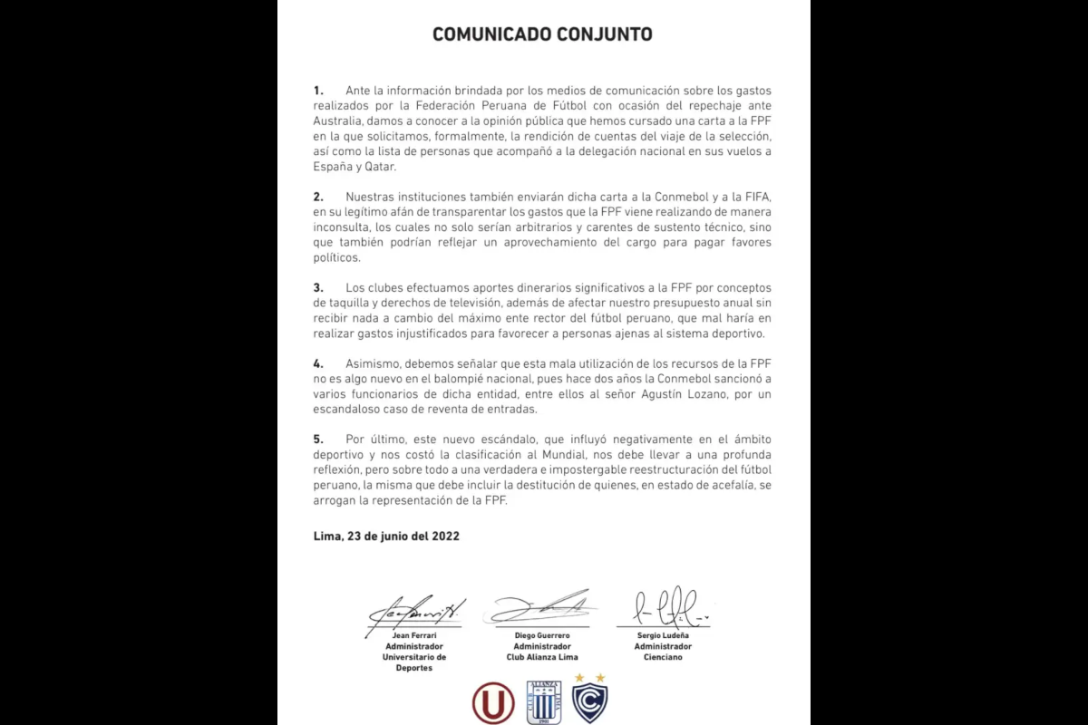 Este el documento que emitieron Universitario, Alianza y Cienciano. (Foto: Internet)