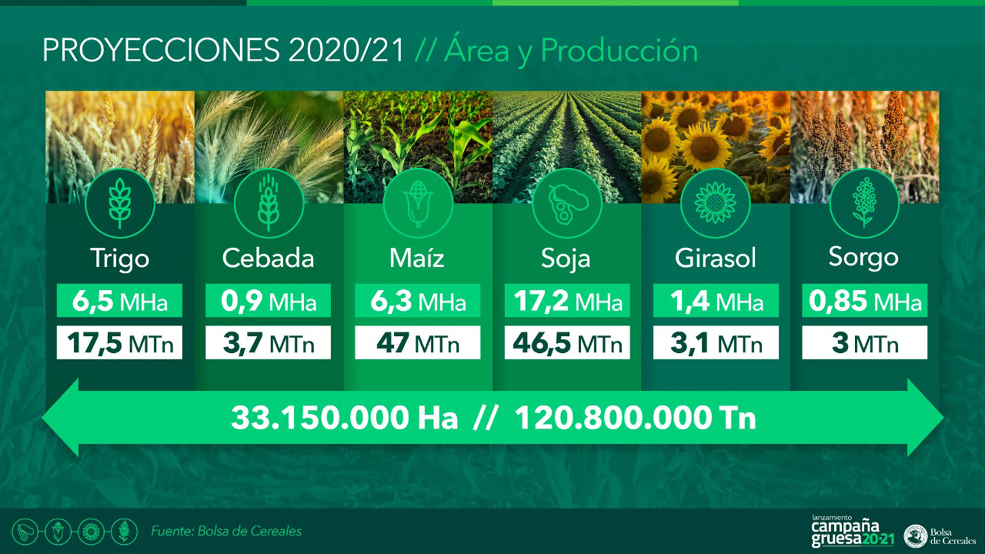 Proyecciones para la actual campaña agrícola, elaboradas por la Bolsa de Cereales de Buenos Aires