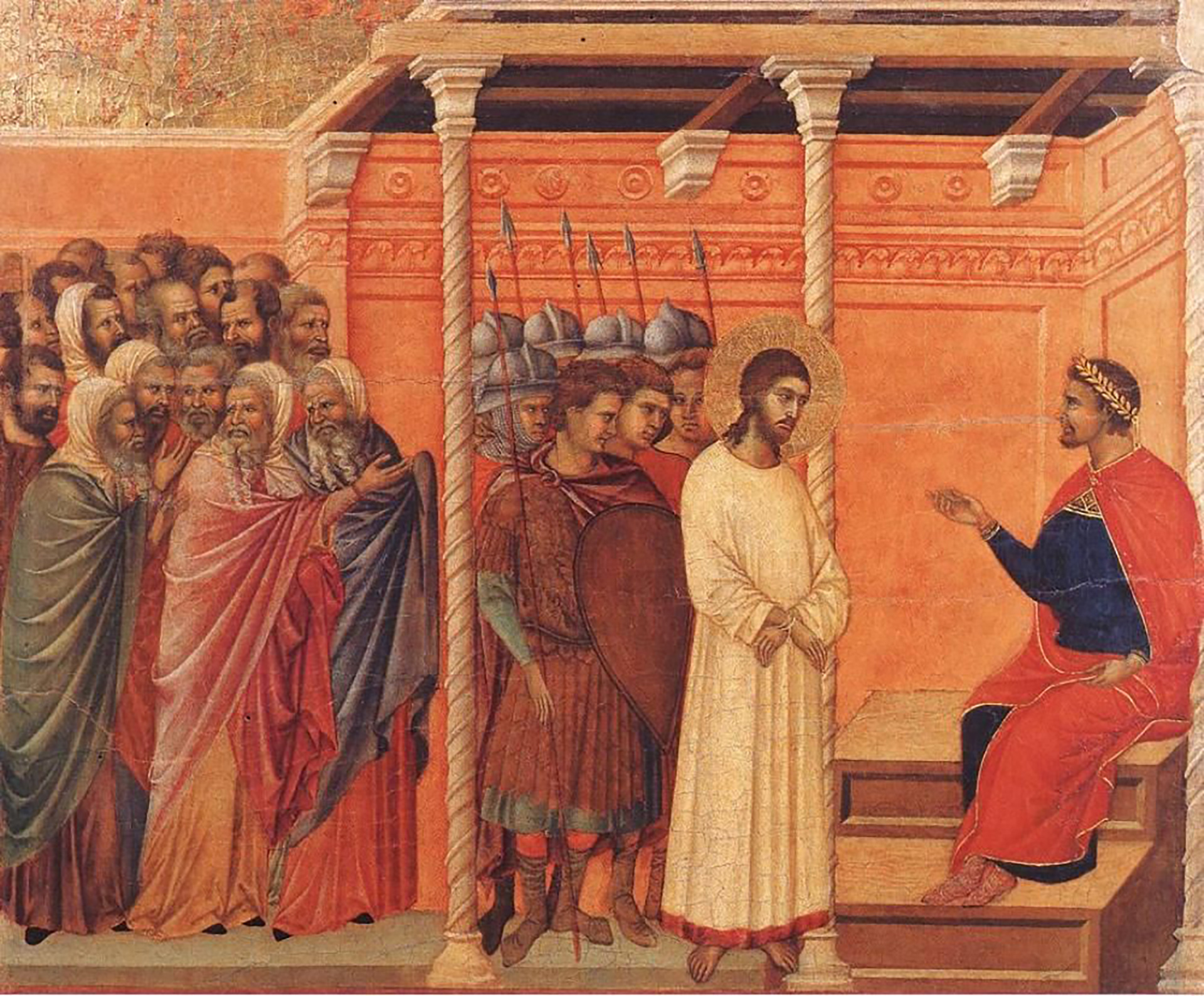 Cristo ante Caifás (sumo sacerdote de la secta de los saduceos), pintura de Duccio Di Buoninsegna, realizada en 1306