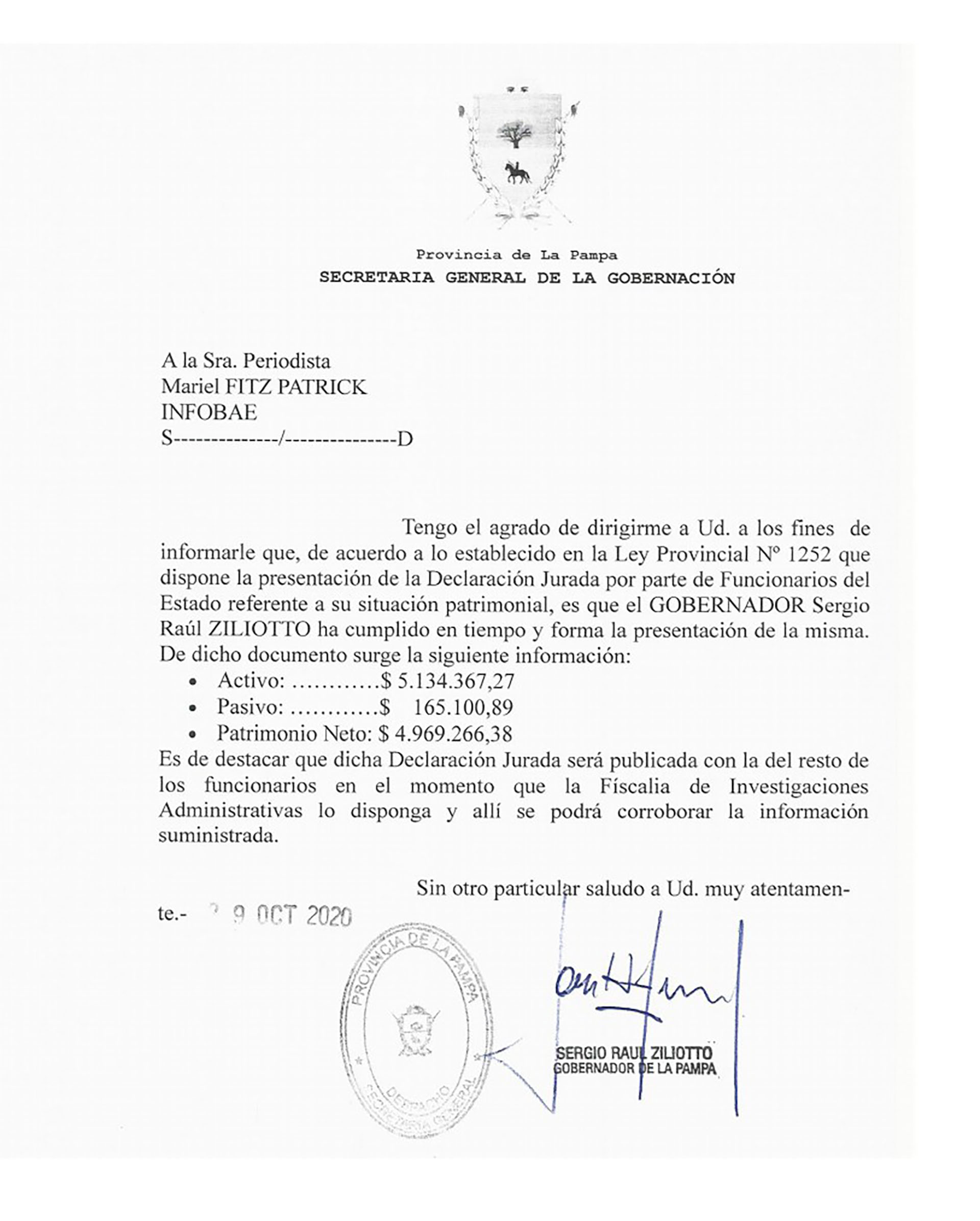 La nota enviada por el gobernador Zillioto a Infobae con el monto de sus activos y patrimonio neto.