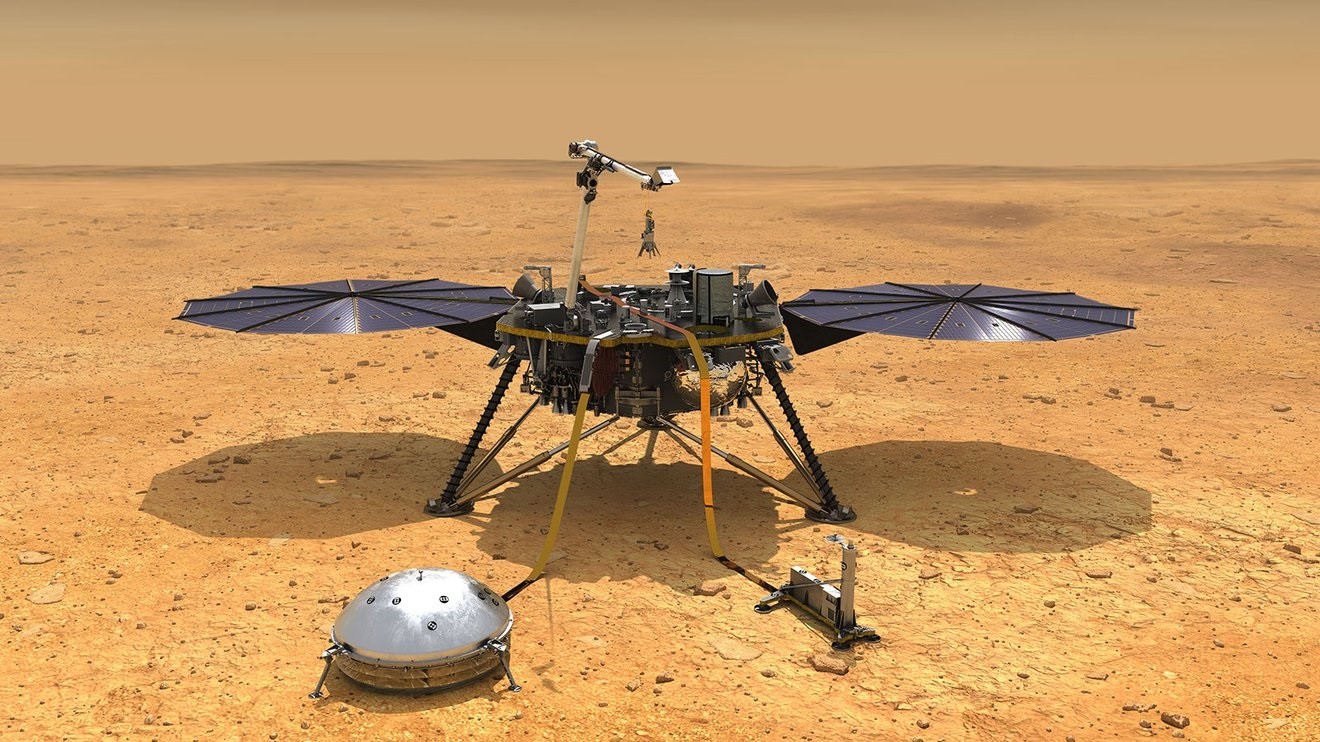 Illustration of the InSight module with the seismometer and the drill in the foreground (NASA/JPL)