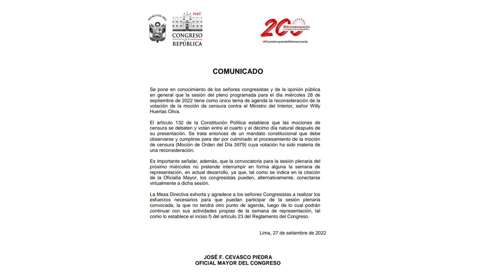 Comunicado del Congreso