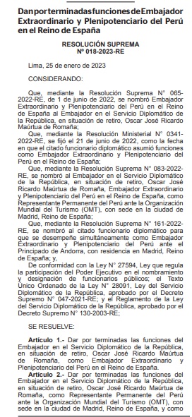 Oscar Maúrtua deja de ser el embajador peruano en España.