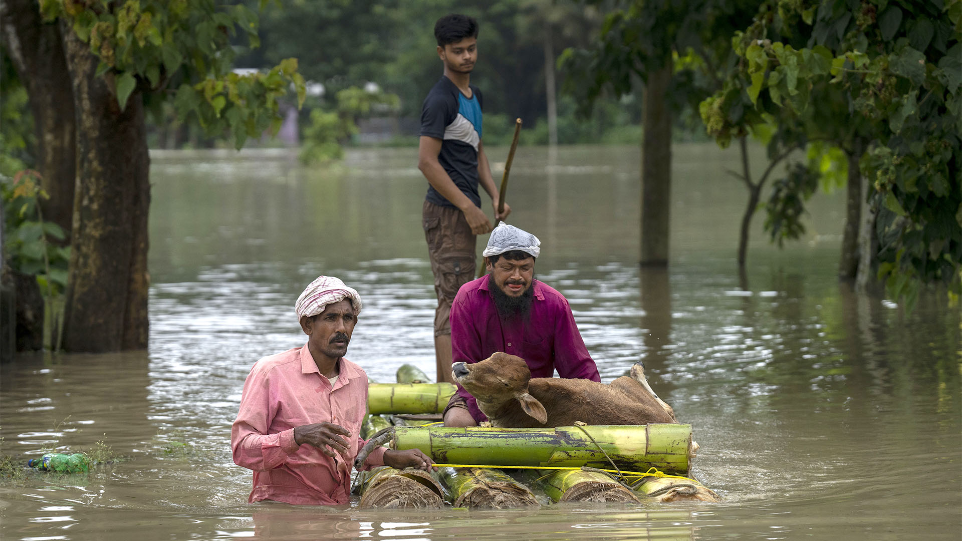 People in waist-deep water in India (AP Photo / Anupam Nath)