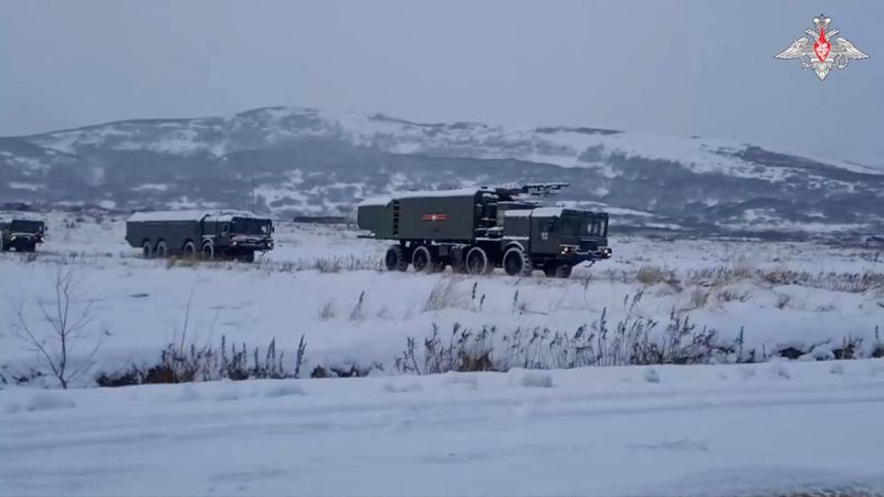 Bastion coastal missile system military vehicles on the Kuril Island of Paramushir, Russia, which is one of the islands claimed by Japan and also known as the Northern Territories, in this still image taken from video released on December 5, 2022. Russian Defense Ministry/Handout via REUTERS