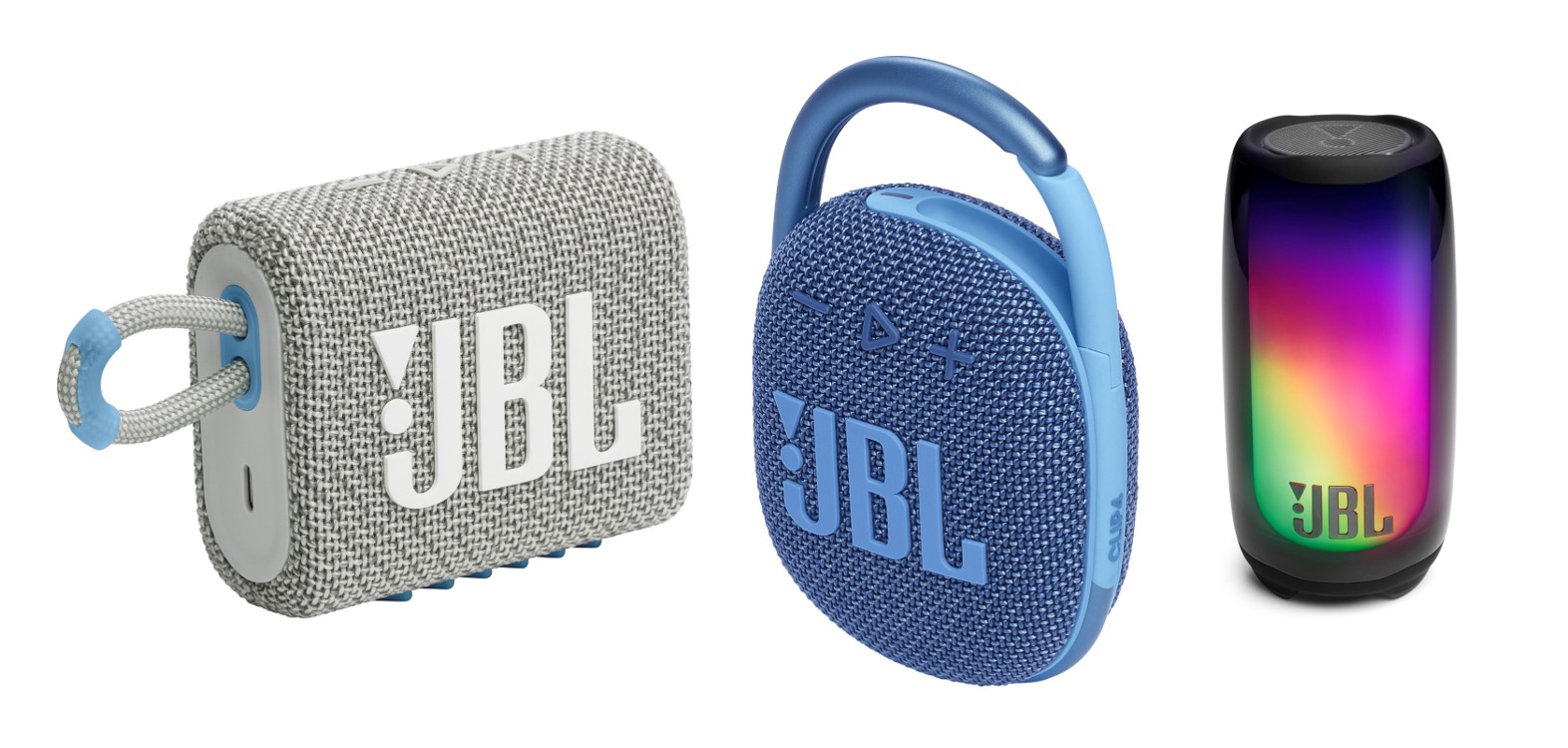 Altavoces JBL Go 3 Eco, Clip 4 Eco y Pulse 5  fueron presentados en la feria de tecnología CES 2023. (JBL)