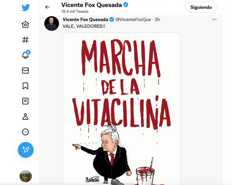 El ex presidente de México compartió en su cuenta de twitter una caricatura titulada La marcha de la vitacilina. (Captura de pantalla).