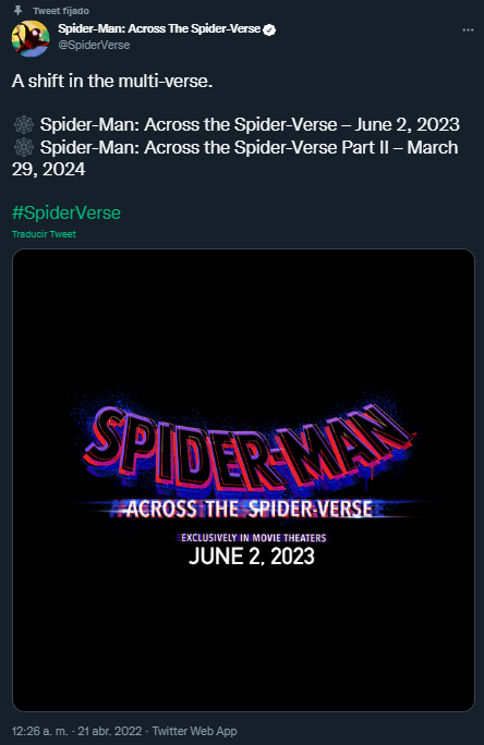 Sony anunció el retraso de Spider-Man: Across the Spider-Verse para el 2023 Foto: Twitter/@SpiderVerse