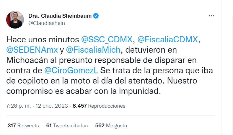 Claudia Sheinbaum announced the arrest of the person allegedly responsible for the attack against Ciro Gómez Leyva (Photo: screenshot/Twitter/@Claudiashein)