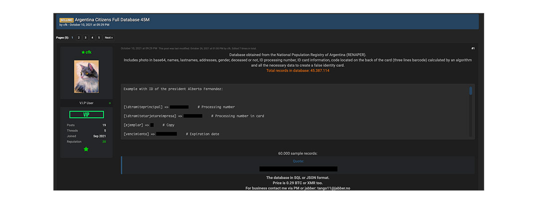 El foto de piratería donde el hacker ofreció a la venta la base del datos filiatorios de más de 45 millones de argentinos que dijo tener