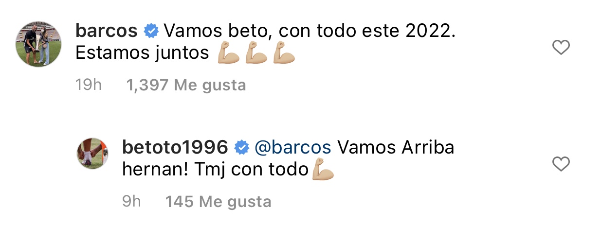 Interacción en Instagram entre Beto Da Silva y Hernán Barcos.
