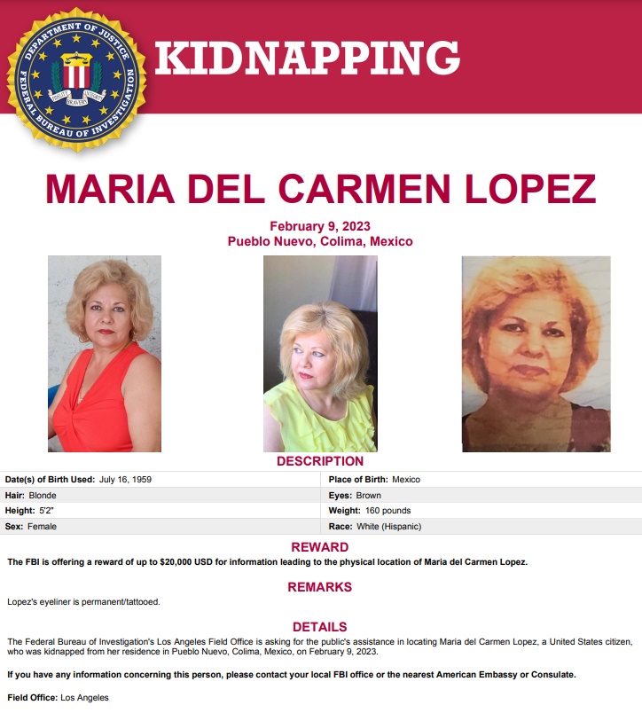 Esta es la ficha de búsqueda de María del Carmen que compartió el FBI. Foto: FBI