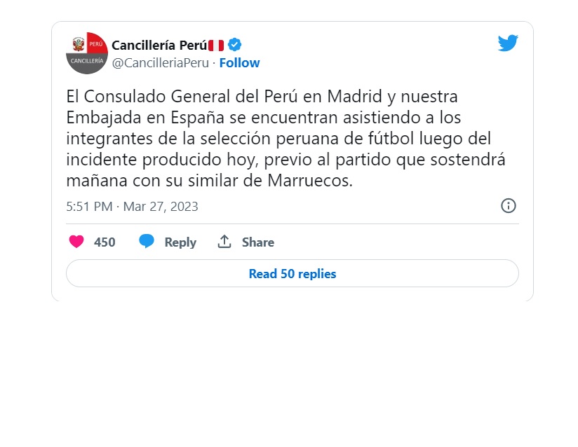 Selección peruana: Tuit de la Cancillería