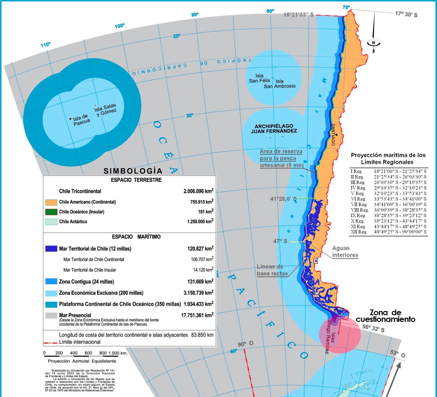 Visualización del mapa chileno sobre el Mar Austral y el punto de conflicto