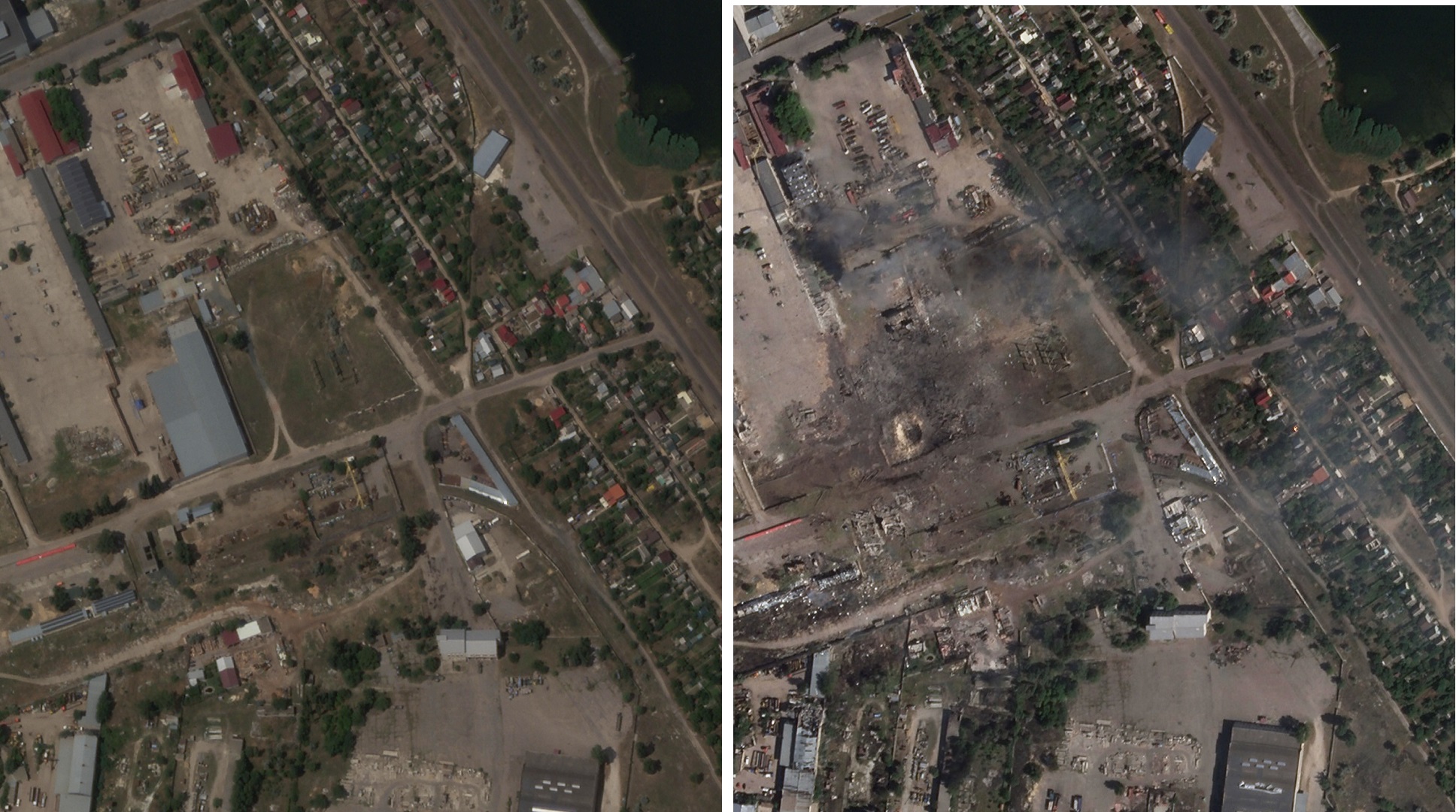 Imágenes satelitales del 11 y 12 de julio muestran el antes y después del depósito ruso atacado por Ucrania (Planet Labs PBC via AP)
