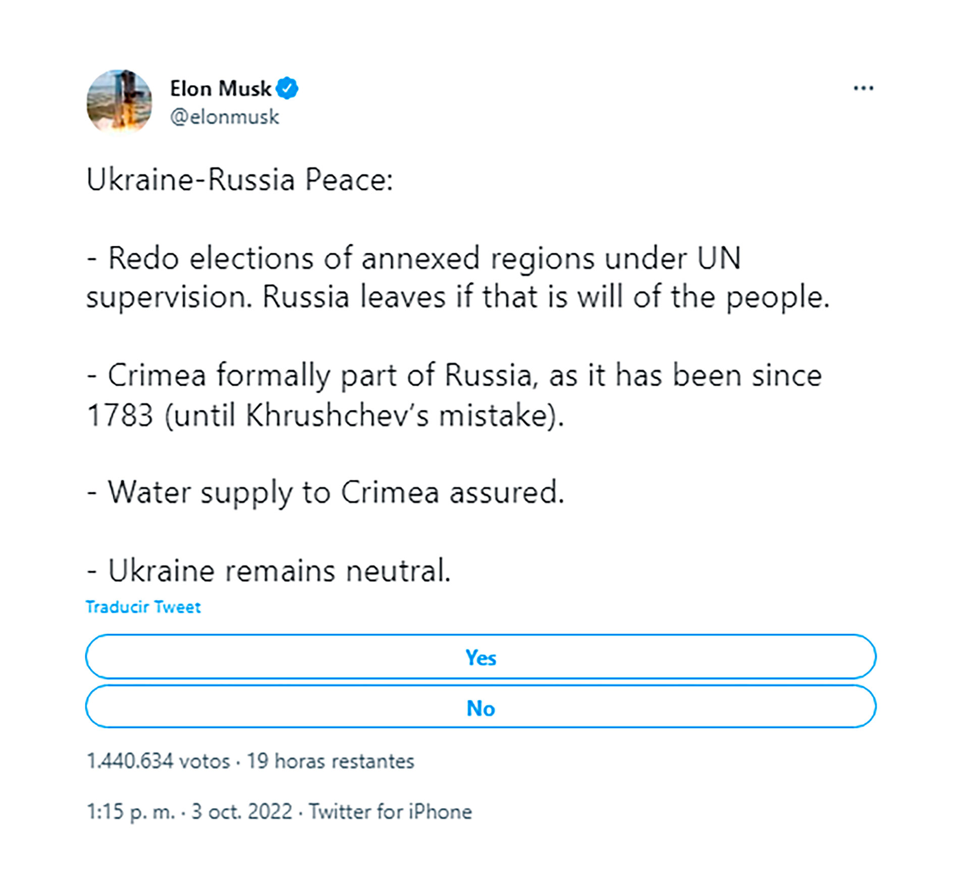 Tuit de Elon Musk sobre el fin al conflicto entre Rusia y Ucrania (Twitter: @elonmusk)