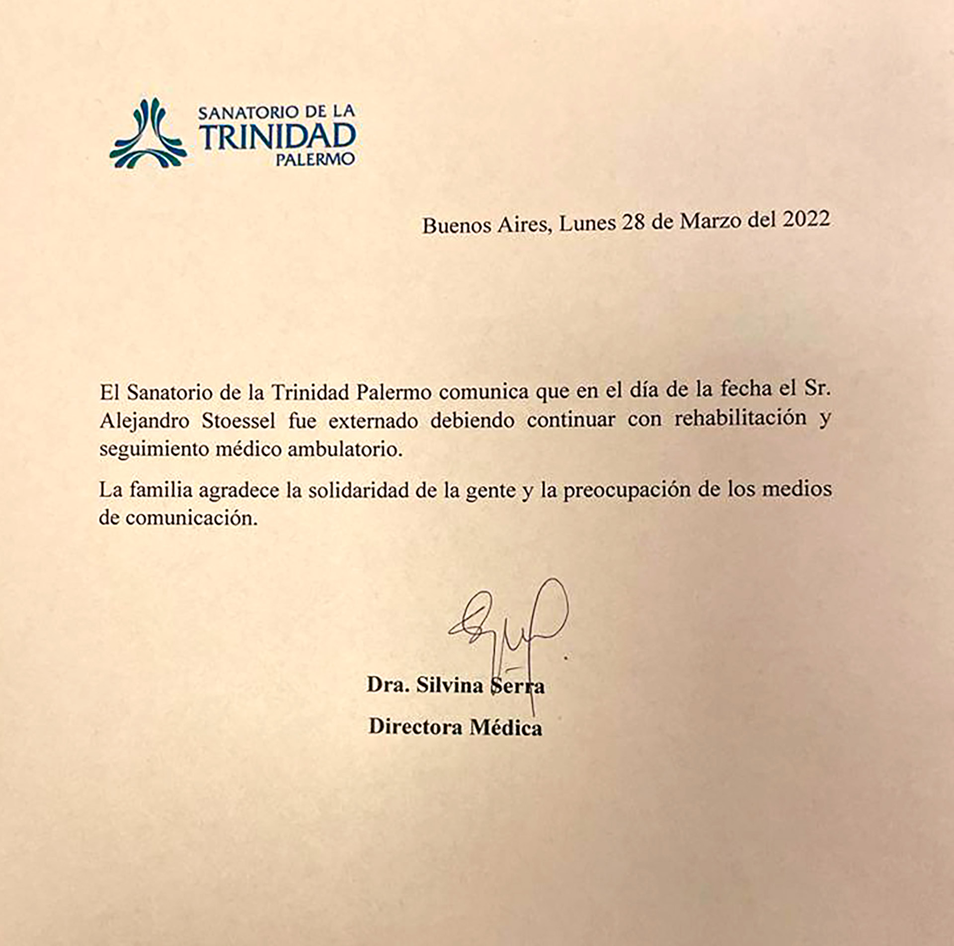 El comunicado del Sanatorio La Tinidad Palermo