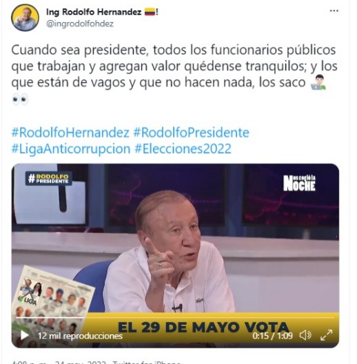 Rodolfo Hernández sacará a los funcionarios públicos que no trabajen en una eventual presidencia suya. 

Pantallazo Twitter