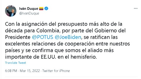 El presidente Duque afirmó en su cuenta de Twitter. Foto: Twitter @IvanDuque