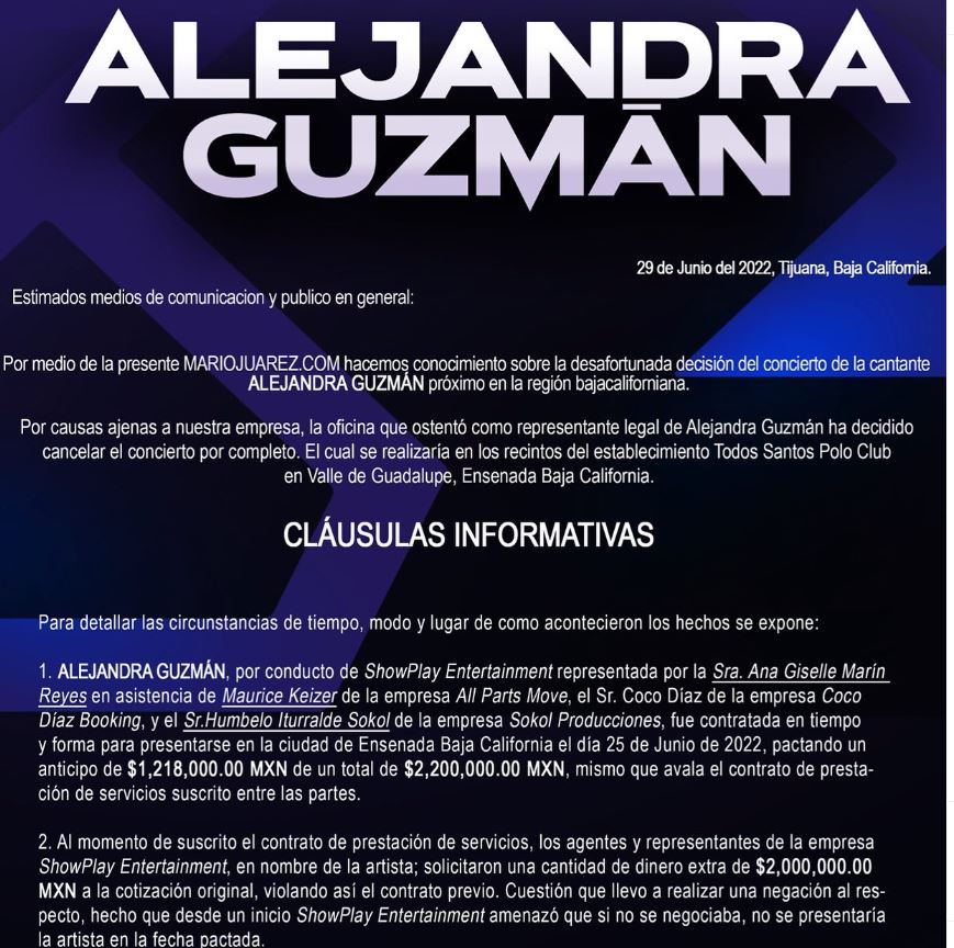 La empresa Mario Juarez detalló cómo los problemas con los representantes de Alejandra Guzmán habría empeorado con el pasar del tiempo (Foto: Instagram/@mariojuarezcom_mx)