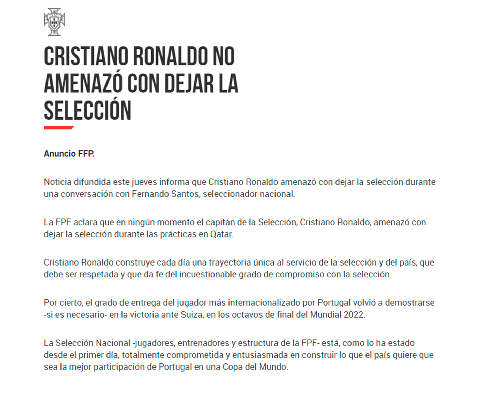 El comunicado de la Federación Portuguesa de Fútbol sobre la situación con Cristiano Ronaldo. 