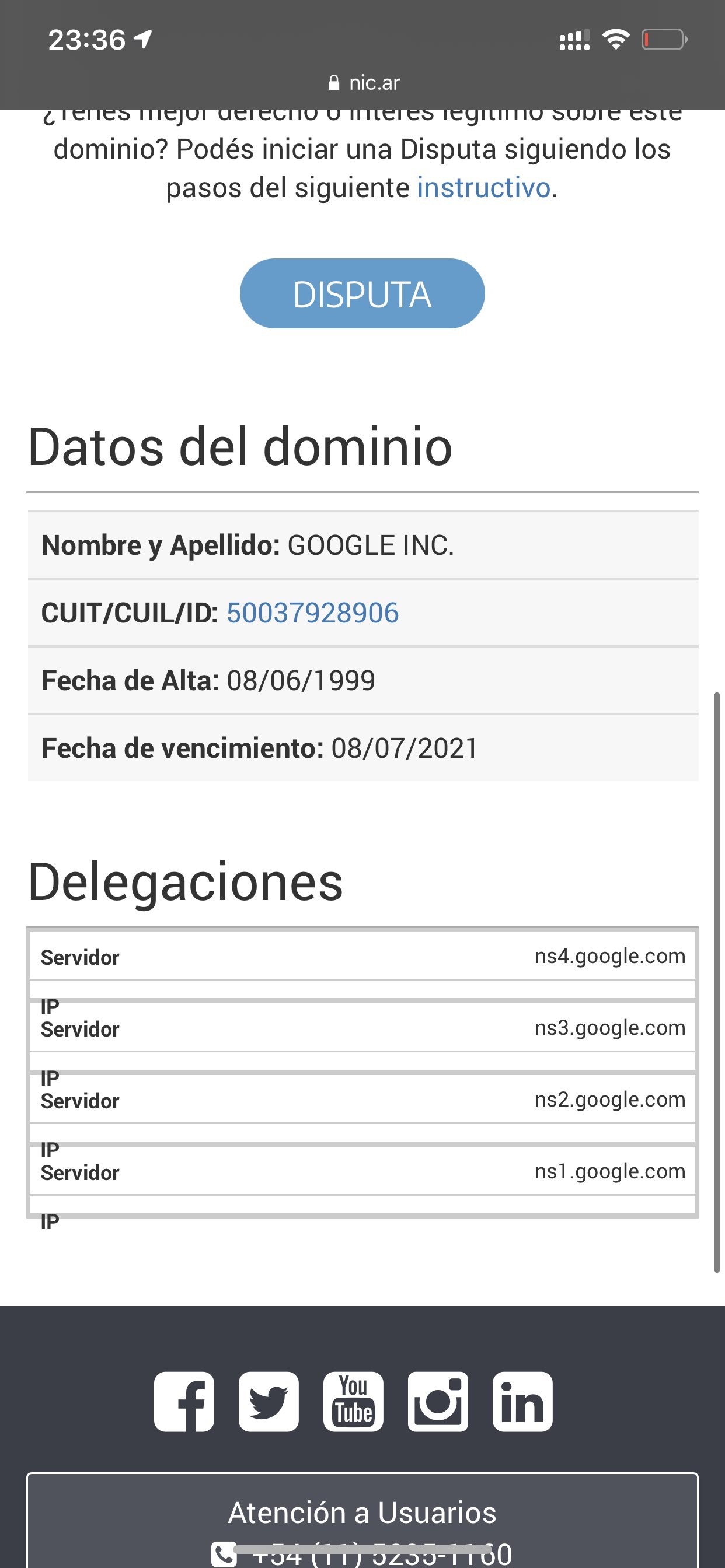 En el sitio web Nic Argentina figura que el dominio de la URL le pertenece a Google Argentina, tras las fallas que presentó ayer por la noche 