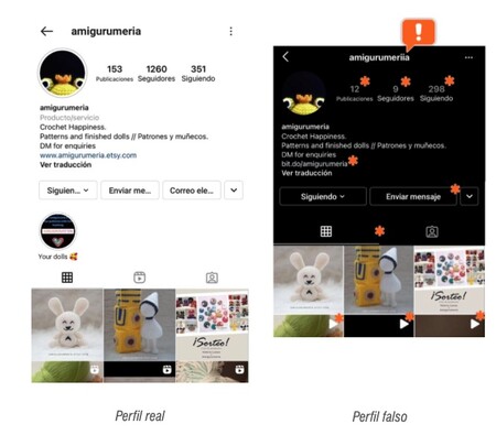 Comparación de algunos detalles para saber que una cuenta es falsa en Instagram. (foto: Mira Cómo Se Hace)