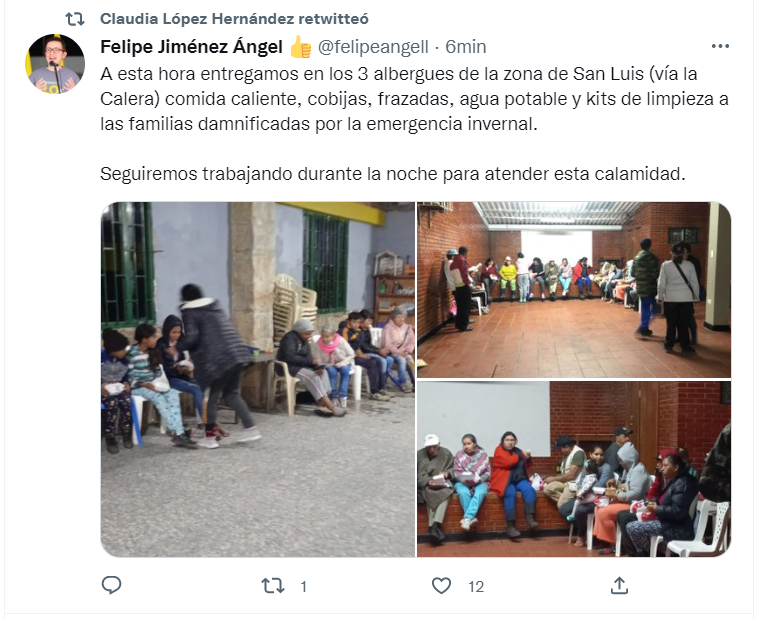 Winter emergency: Claudia López declares public calamity in Bogotá 2 The three shelters are already enabled. The community is already being served. Photo via: @felipeangell