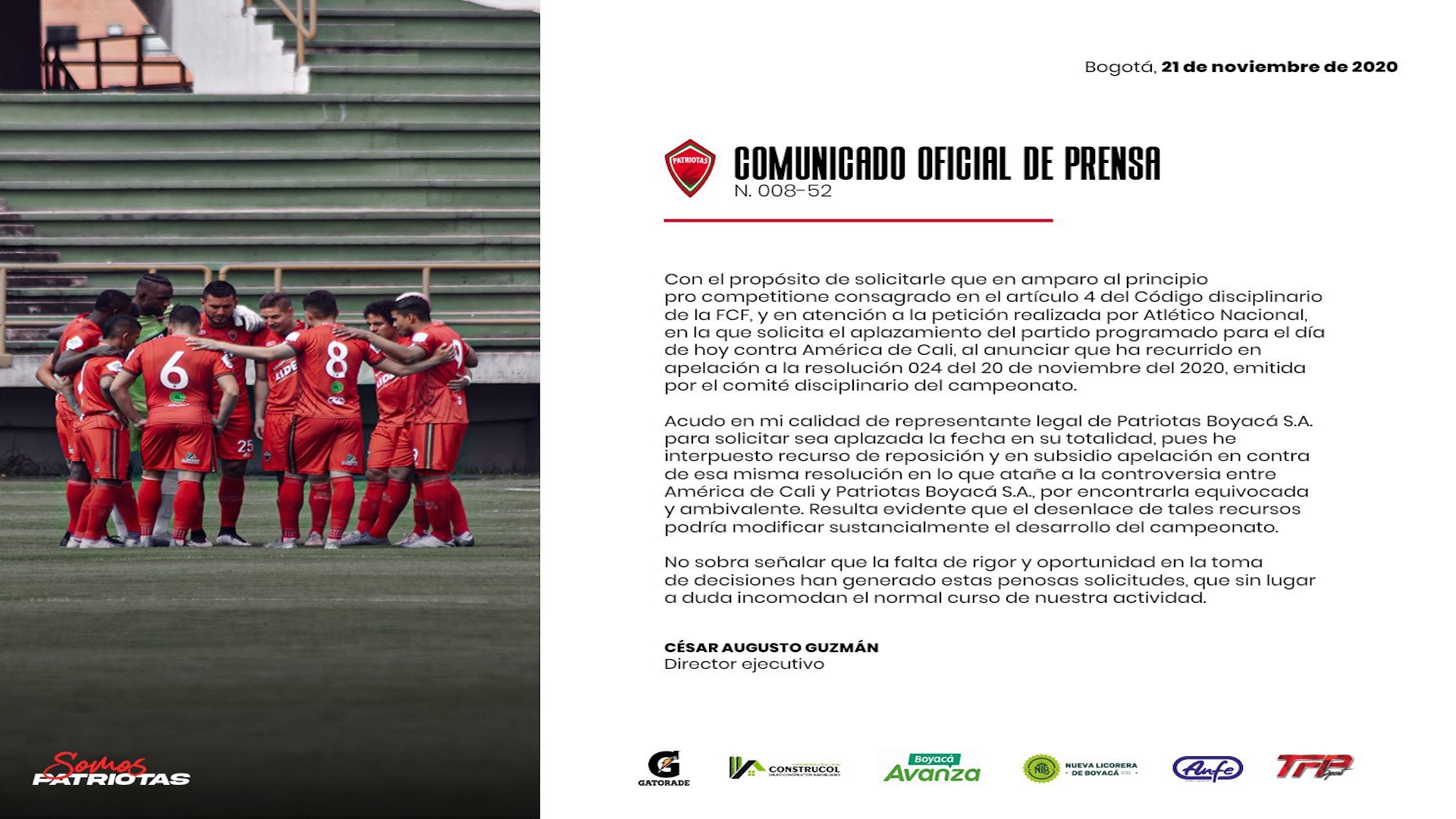 Patriotas solicita aplazar el inicio de los playoffs de la liga BetPlay 2020 / (Twitter: @patriotasboySA).