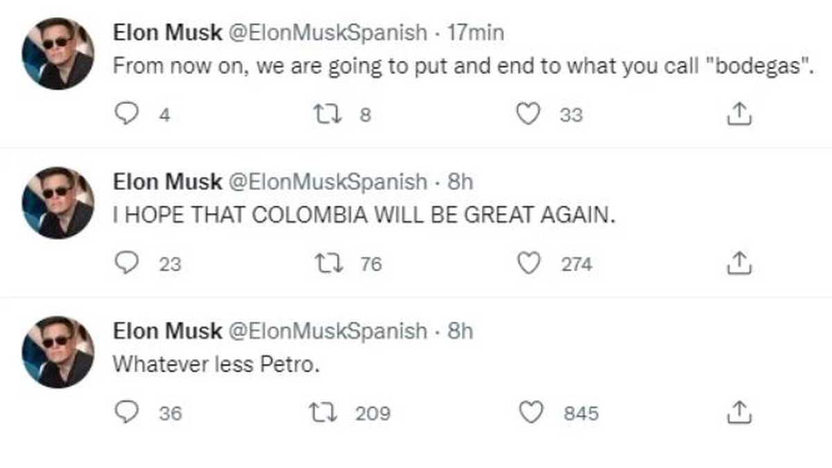 Algunos de los trinos de la cuenta falsa de Elon Musk.